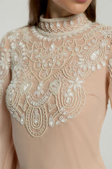 Penelope blush cape maxi dress with white embellishments on bodice and cape sleeves, modest formal dress for weddings and spring occasions