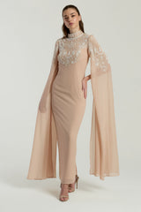 Penelope blush cape maxi dress with white embellishments on bodice and cape sleeves, modest formal dress for weddings and spring occasions