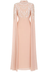 Penelope blush cape maxi dress with white embellishments on bodice and cape sleeves, modest formal dress for weddings and spring occasions