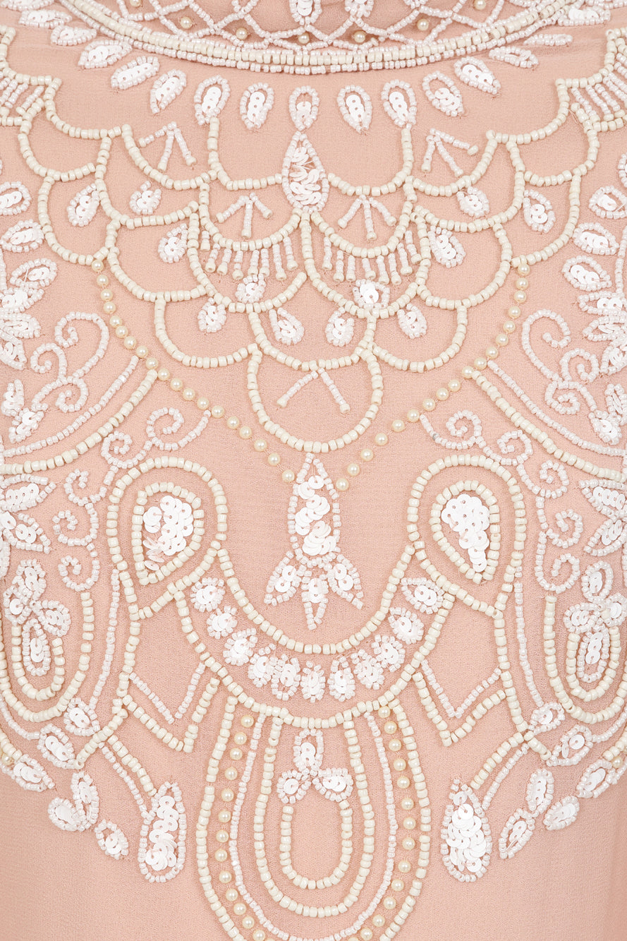 Penelope blush cape maxi dress with white embellishments on bodice and cape sleeves, modest formal dress for weddings and spring occasions