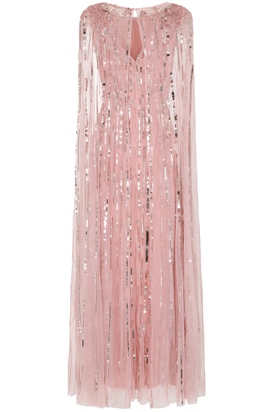 Peony pink embellished cape sleeve maxi dress with sheer long cape sleeves and cascading sequin detailing