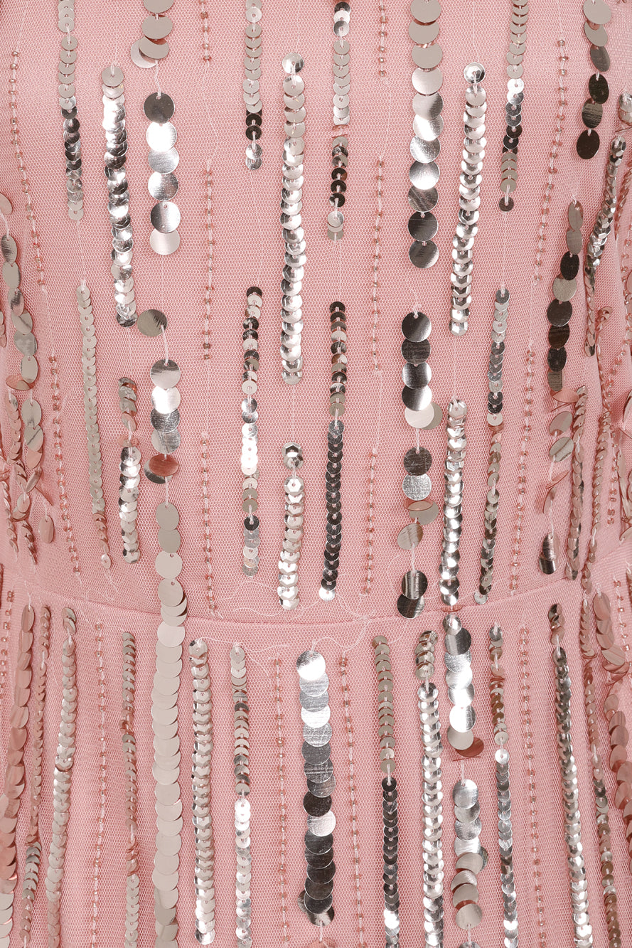 Peony pink embellished cape sleeve maxi dress with sheer long cape sleeves and cascading sequin detailing