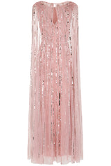 Peony pink embellished cape sleeve maxi dress with sheer long cape sleeves and cascading sequin detailing