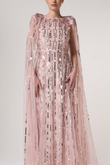 Peony pink embellished cape sleeve maxi dress with sheer long cape sleeves and cascading sequin detailing