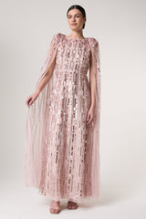 Peony pink embellished cape sleeve maxi dress with sheer long cape sleeves and cascading sequin detailing