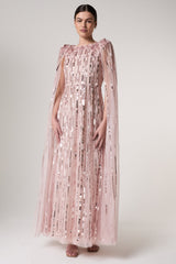 Peony pink embellished cape sleeve maxi dress with sheer long cape sleeves and cascading sequin detailing