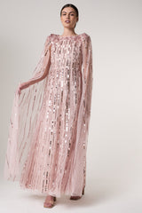 Peony pink embellished cape sleeve maxi dress with sheer long cape sleeves and cascading sequin detailing