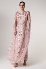 Peony pink embellished cape sleeve maxi dress with sheer long cape sleeves and cascading sequin detailing