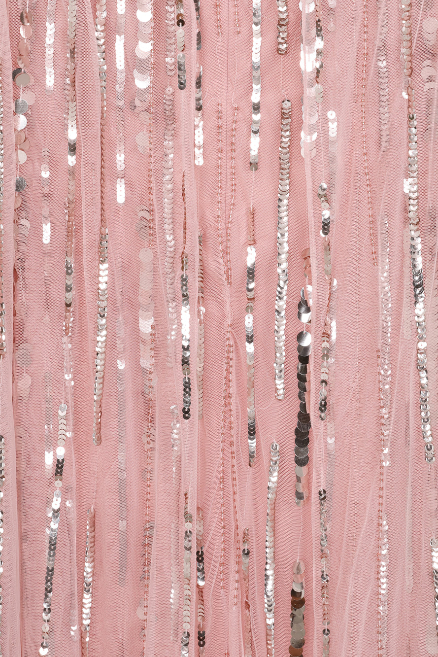 Peony pink embellished cape sleeve maxi dress with sheer long cape sleeves and cascading sequin detailing