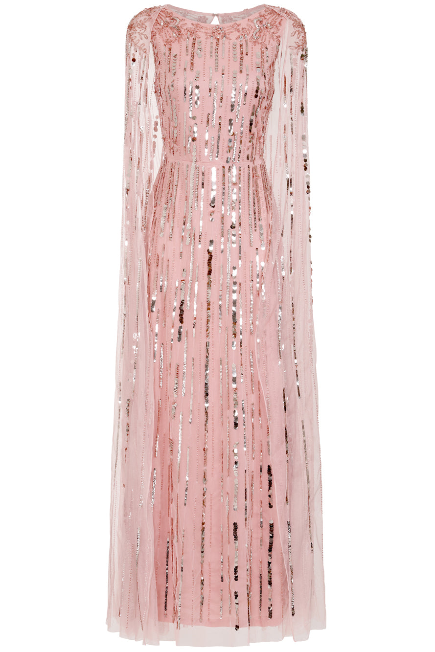 Peony pink embellished cape sleeve maxi dress with sheer long cape sleeves and cascading sequin detailing