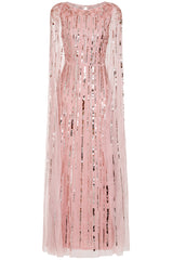 Peony pink embellished cape sleeve maxi dress with sheer long cape sleeves and cascading sequin detailing