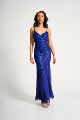 Petra Electric Blue Sequin Maxi Dress with Detachable Cape