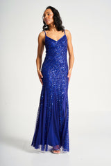 Petra Electric Blue Sequin Maxi Dress with Detachable Cape