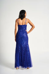 Petra Electric Blue Sequin Maxi Dress with Detachable Cape