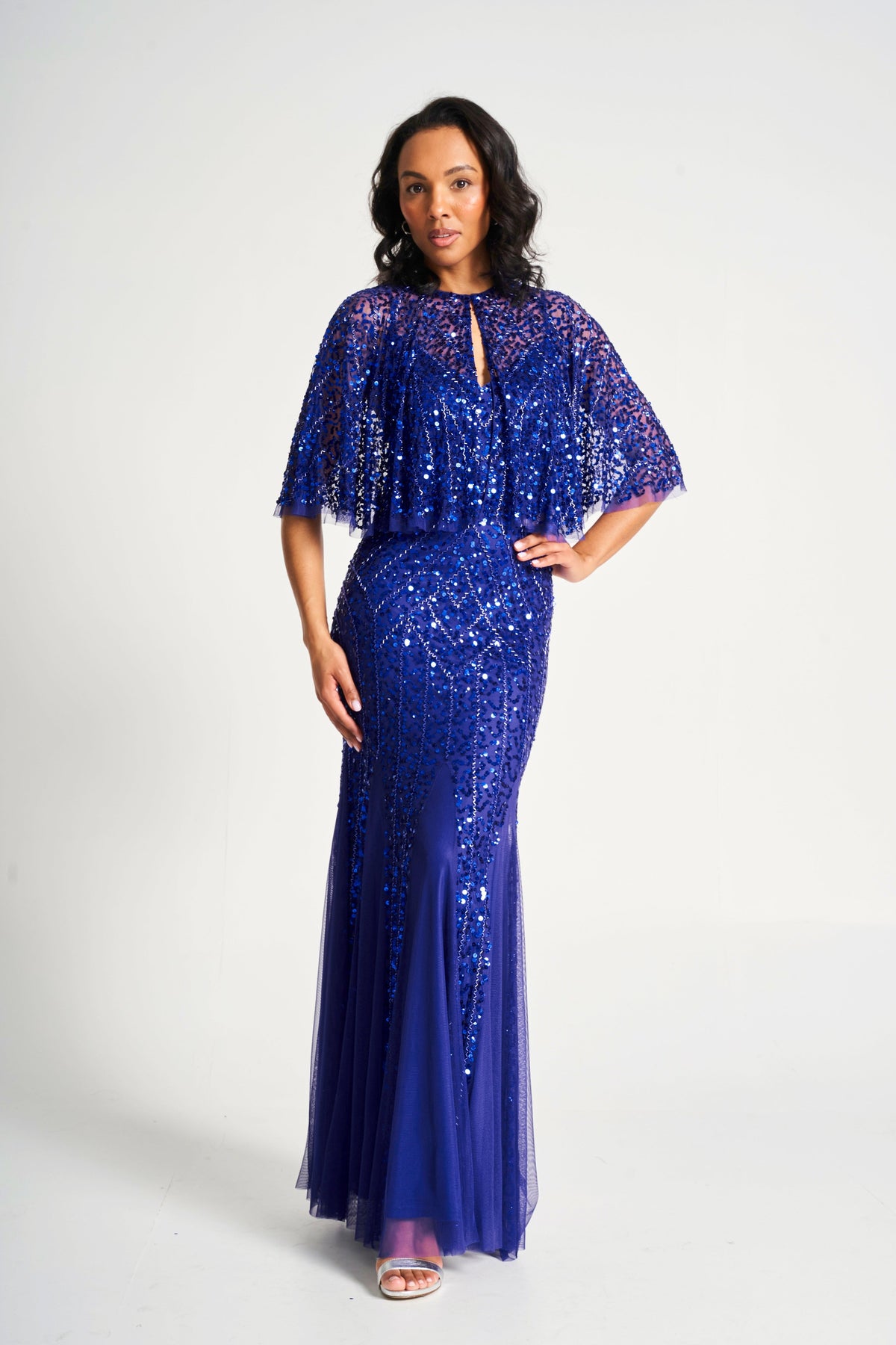 Petra Electric Blue Sequin Maxi Dress with Detachable Cape