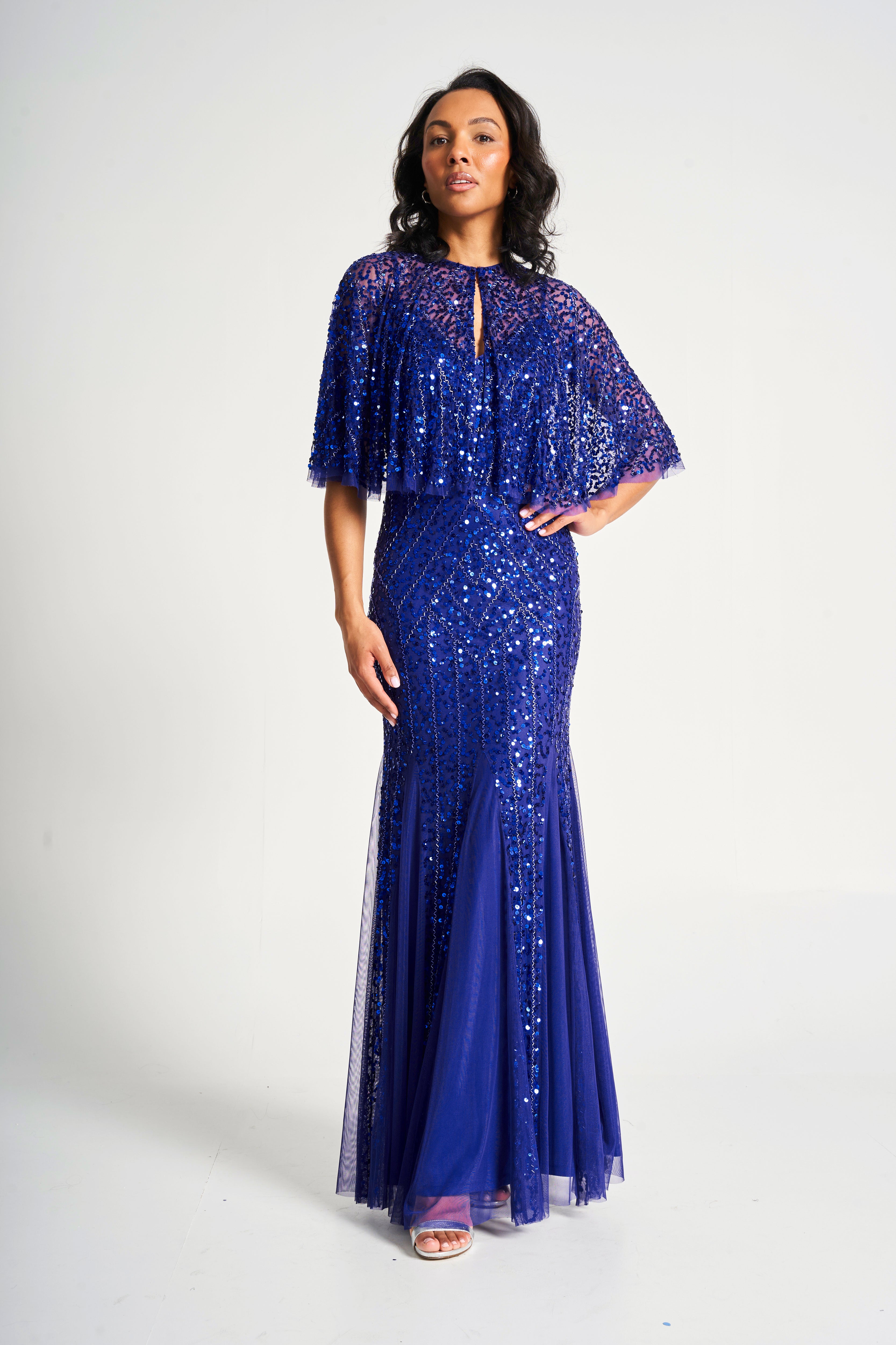 Petra Electric Blue Sequin Maxi Dress with Detachable Cape