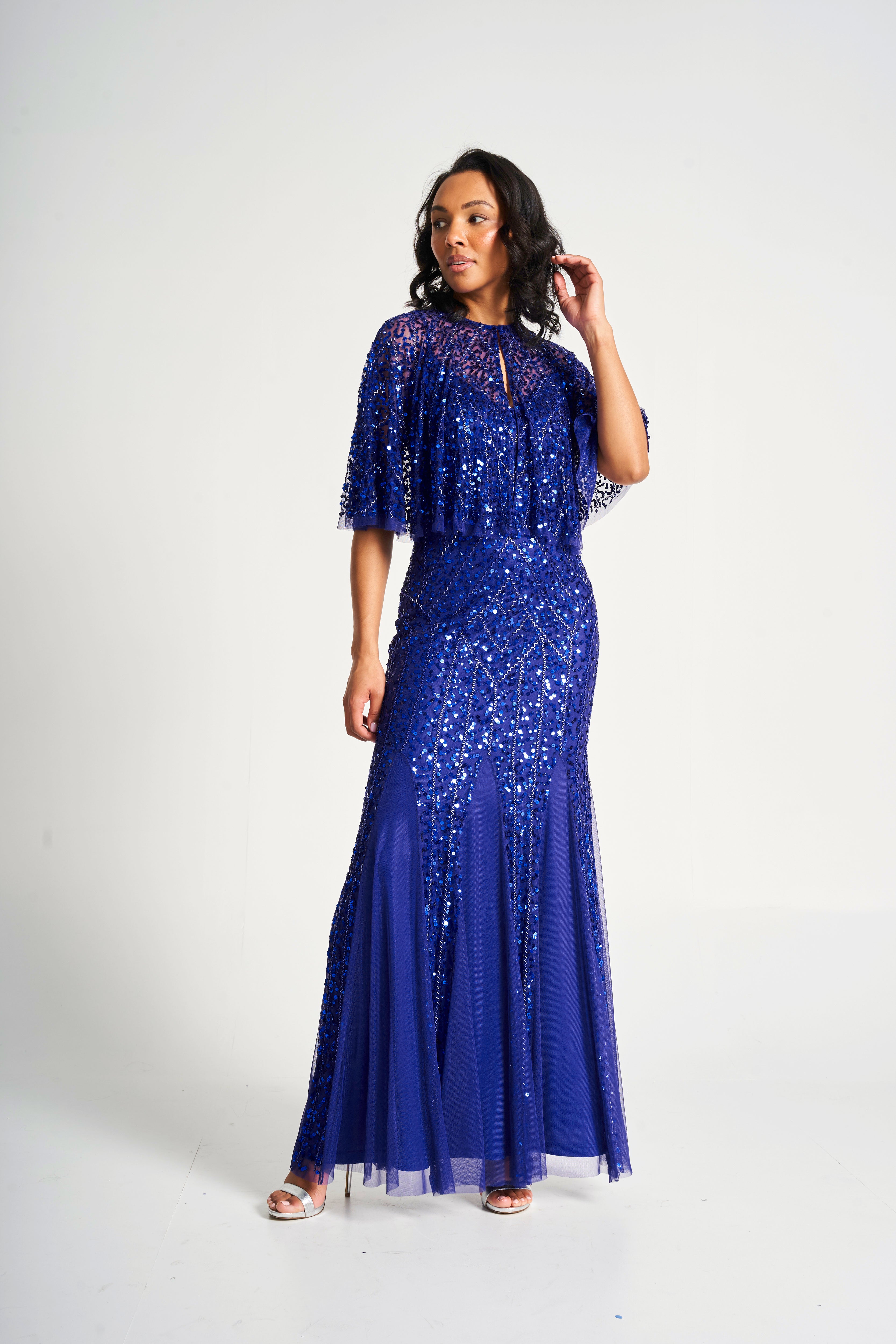 Petra Electric Blue Sequin Maxi Dress with Detachable Cape