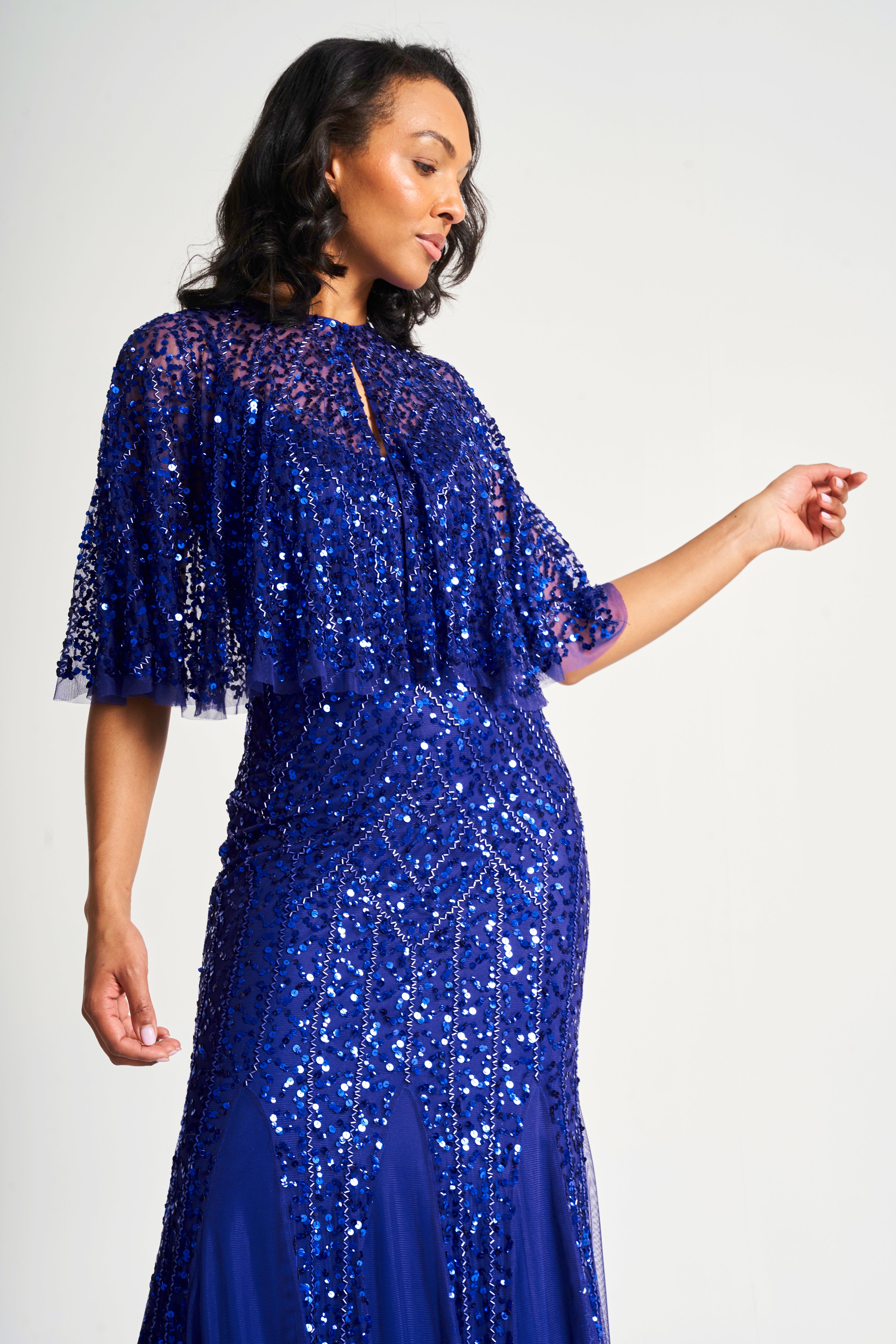 Petra Electric Blue Sequin Maxi Dress with Detachable Cape