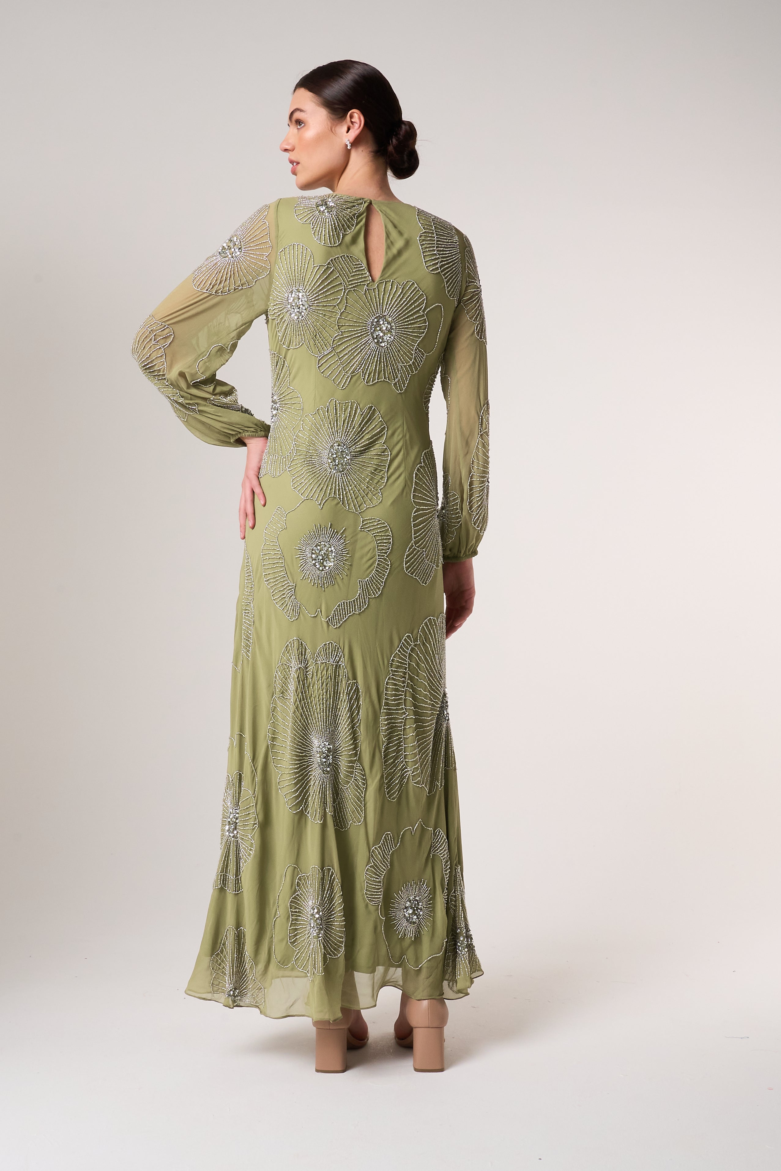 Phoebe Sage Green Floral Embellished Maxi Dress