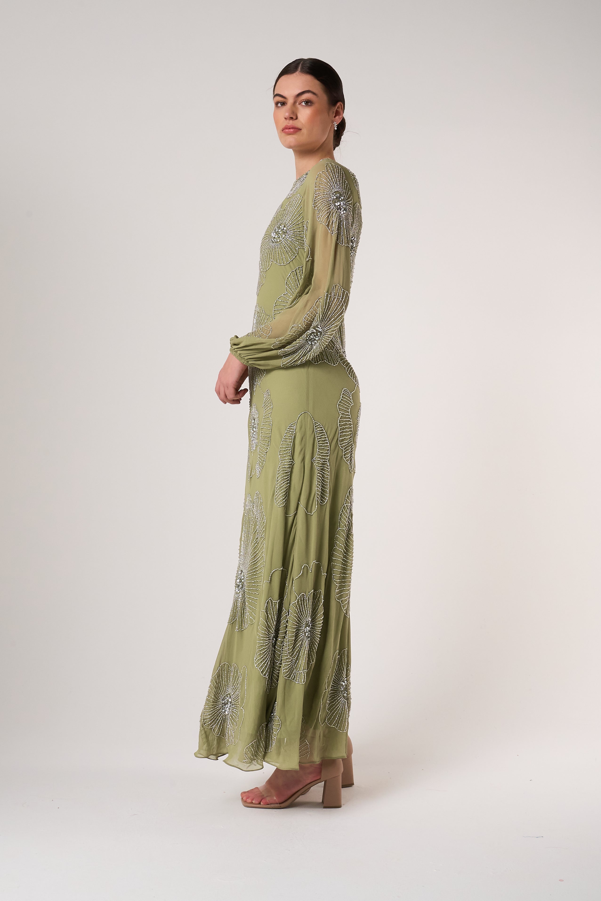 Phoebe Sage Green Floral Embellished Maxi Dress