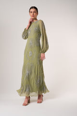 Phoebe Sage Green Floral Embellished Maxi Dress