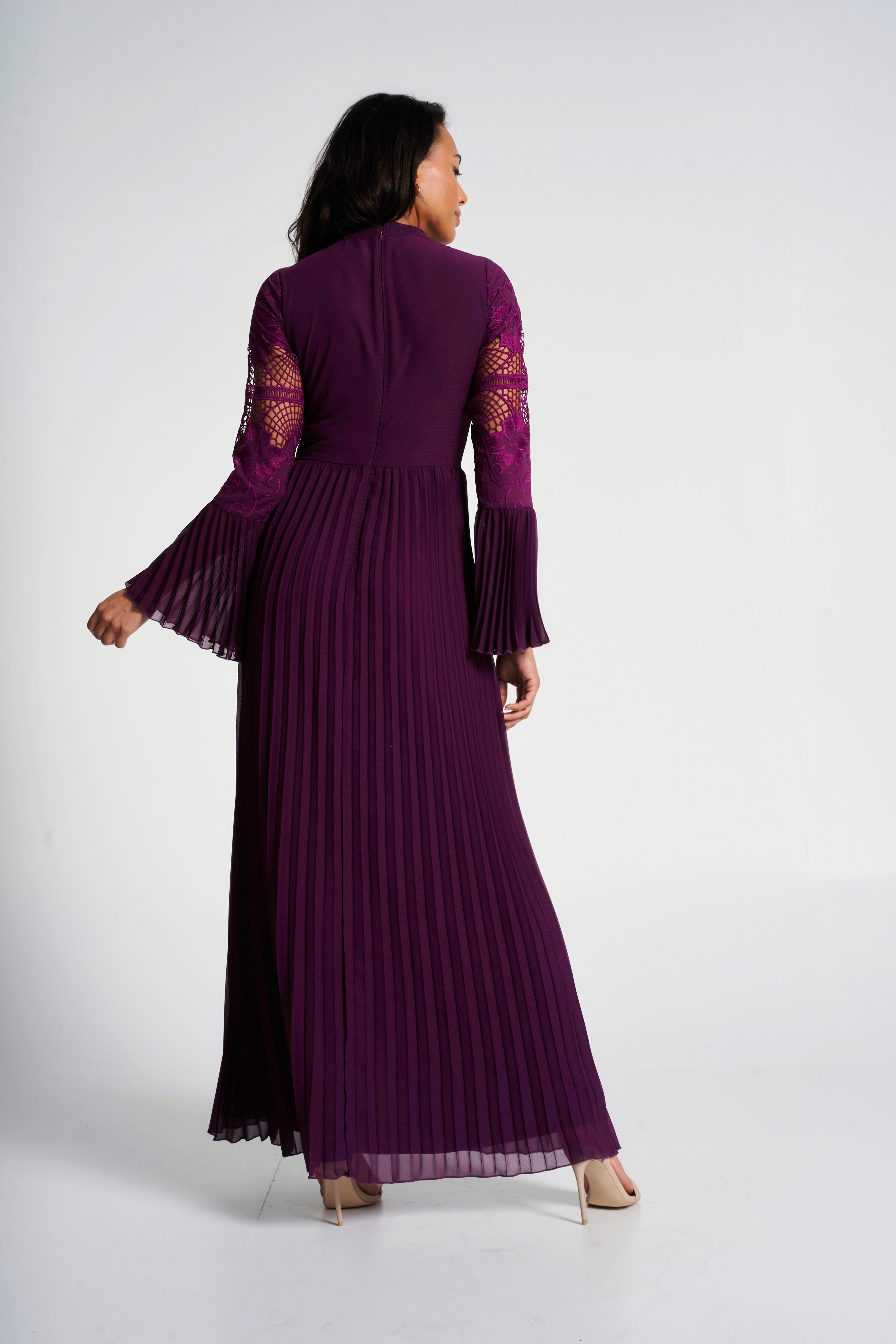 Prunella Purple Lace Detail Maxi Dress with Pleated Skirt