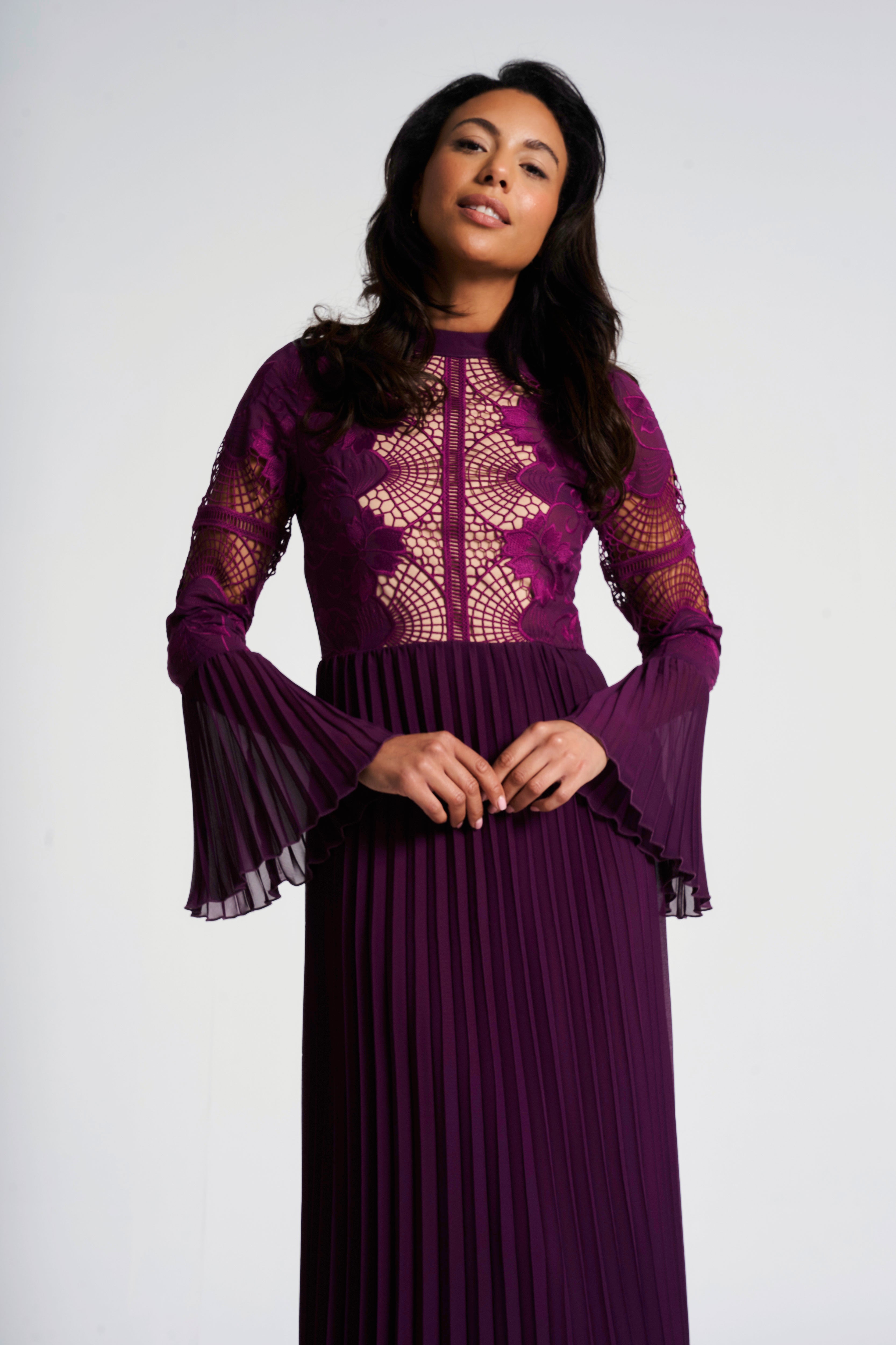 Prunella Purple Lace Detail Maxi Dress with Pleated Skirt