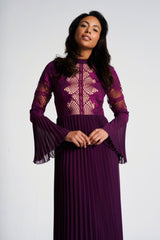 Prunella Purple Lace Detail Maxi Dress with Pleated Skirt