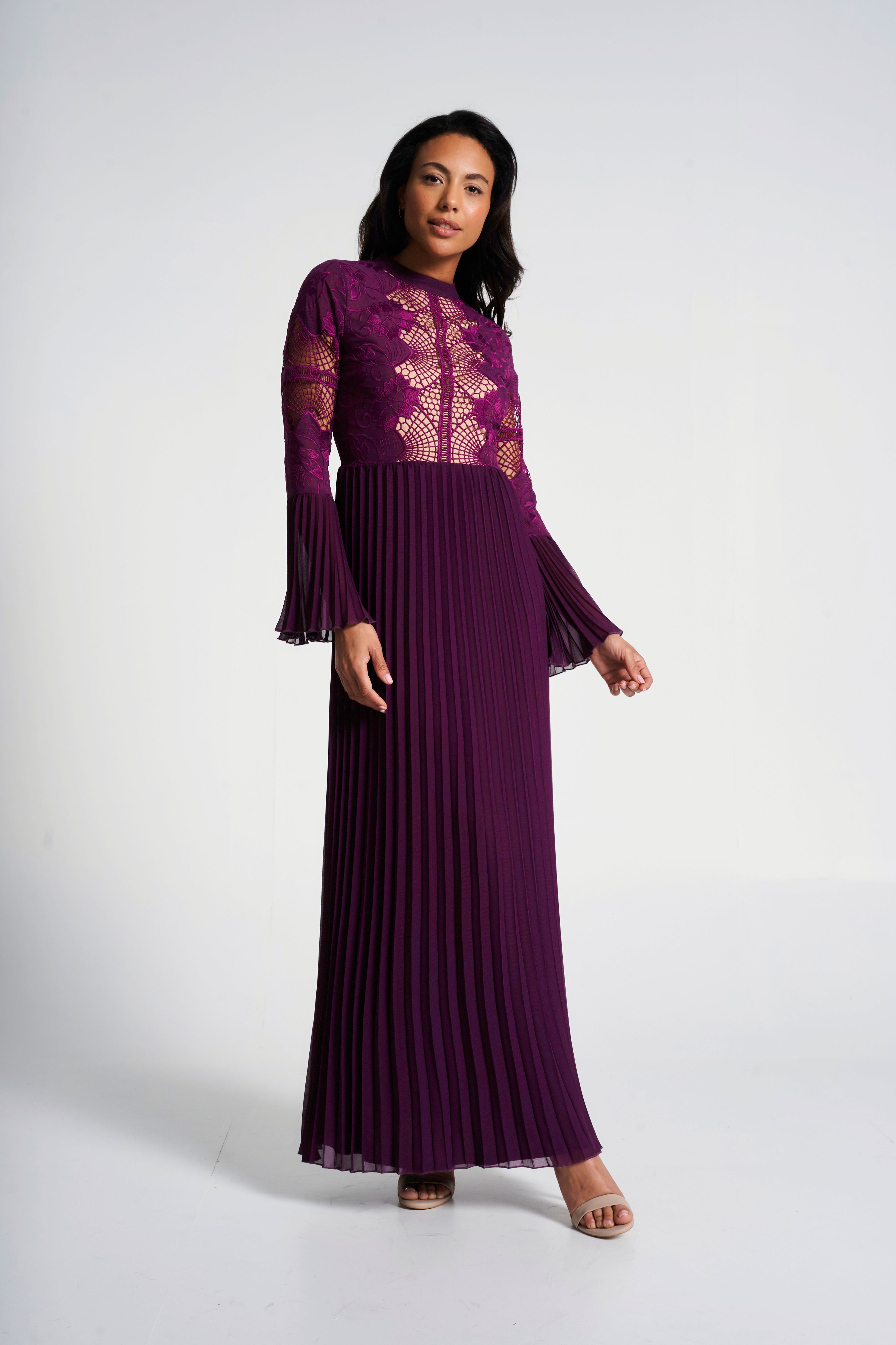 Prunella Purple Lace Detail Maxi Dress with Pleated Skirt – Frock and Frill