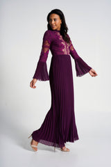 Prunella Purple Lace Detail Maxi Dress with Pleated Skirt