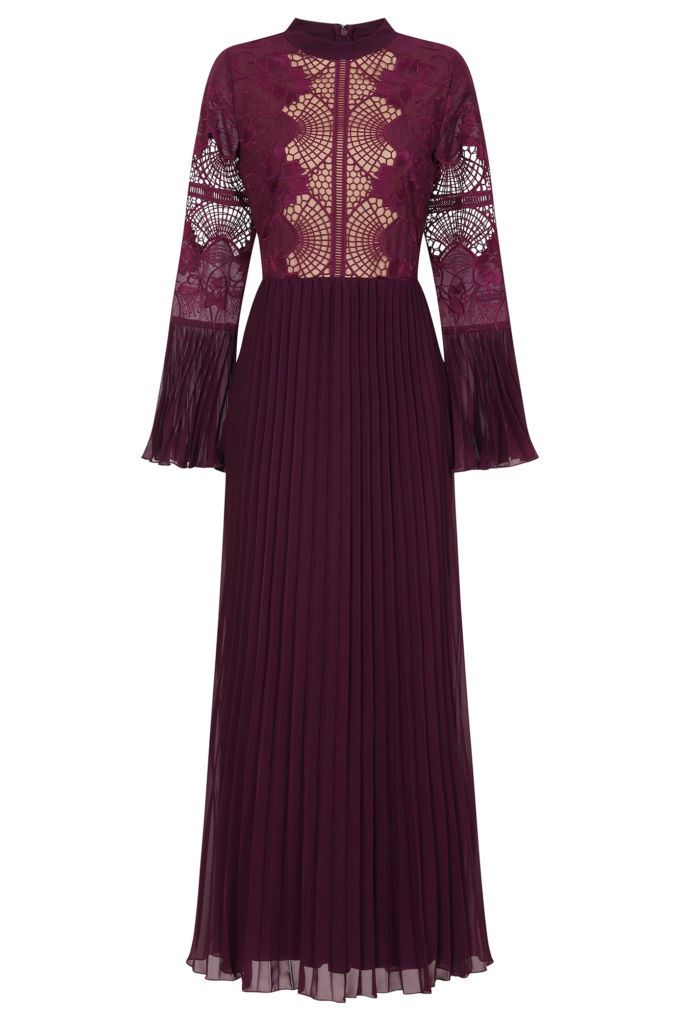 Prunella Purple Lace Detail Maxi Dress with Pleated Skirt