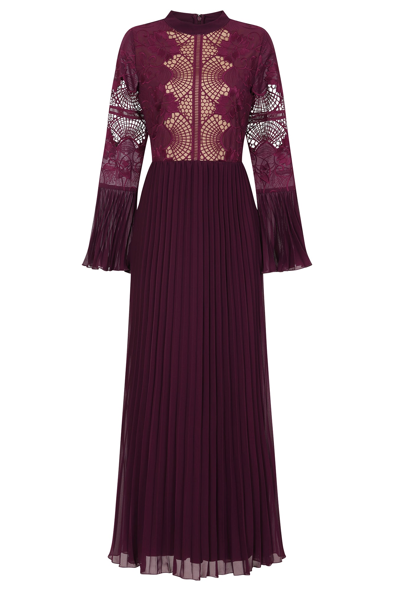 Prunella Purple Lace Detail Maxi Dress with Pleated Skirt Frock and Frill Prunella Purple Lace Detail Maxi Dress with Pleated Skirt Frock and Frill