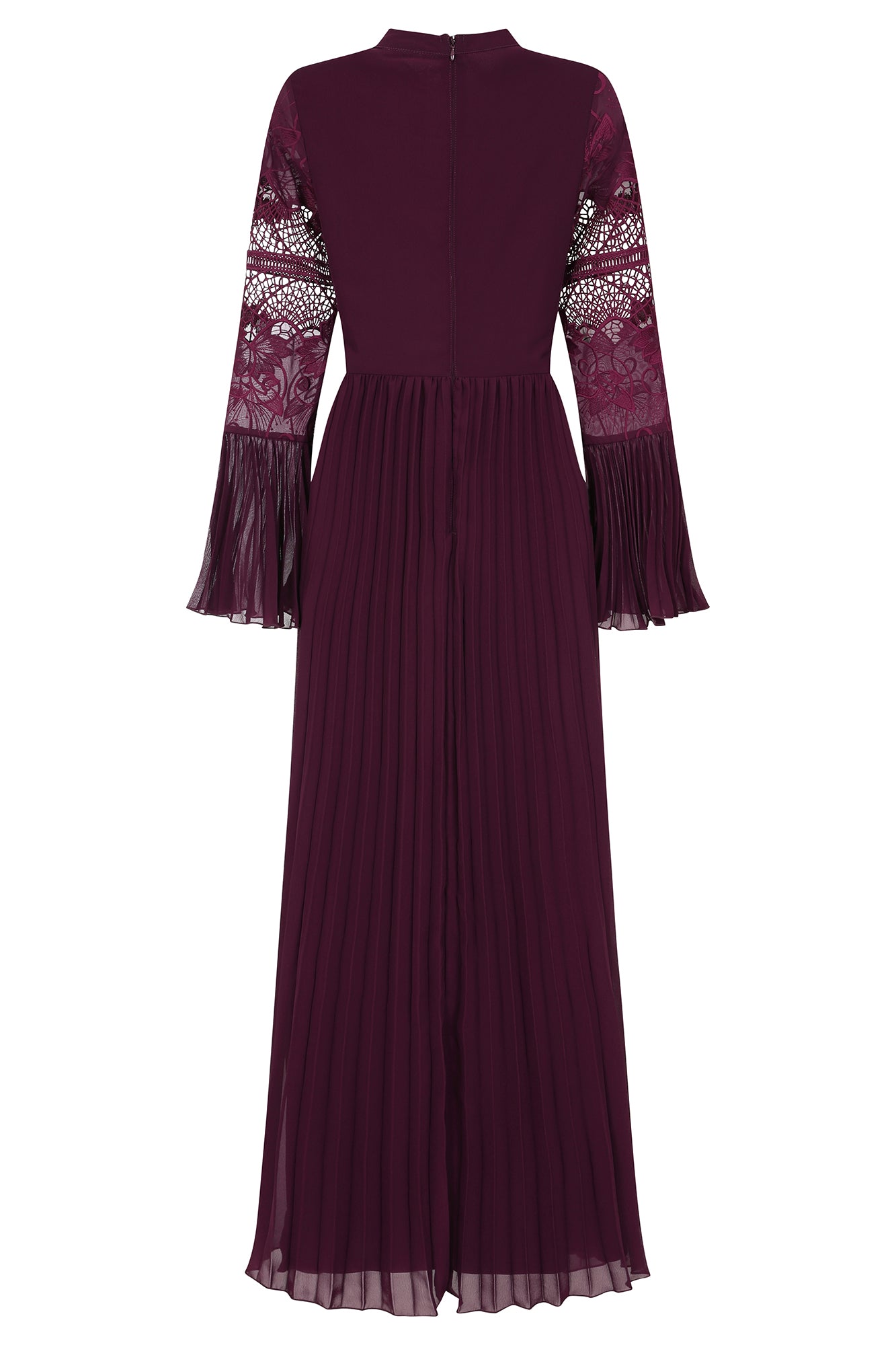 Prunella Purple Lace Detail Maxi Dress with Pleated Skirt Frock and Frill Prunella Purple Lace Detail Maxi Dress with Pleated Skirt Frock and Frill