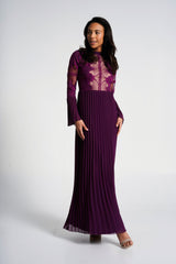 Prunella Purple Lace Detail Maxi Dress with Pleated Skirt