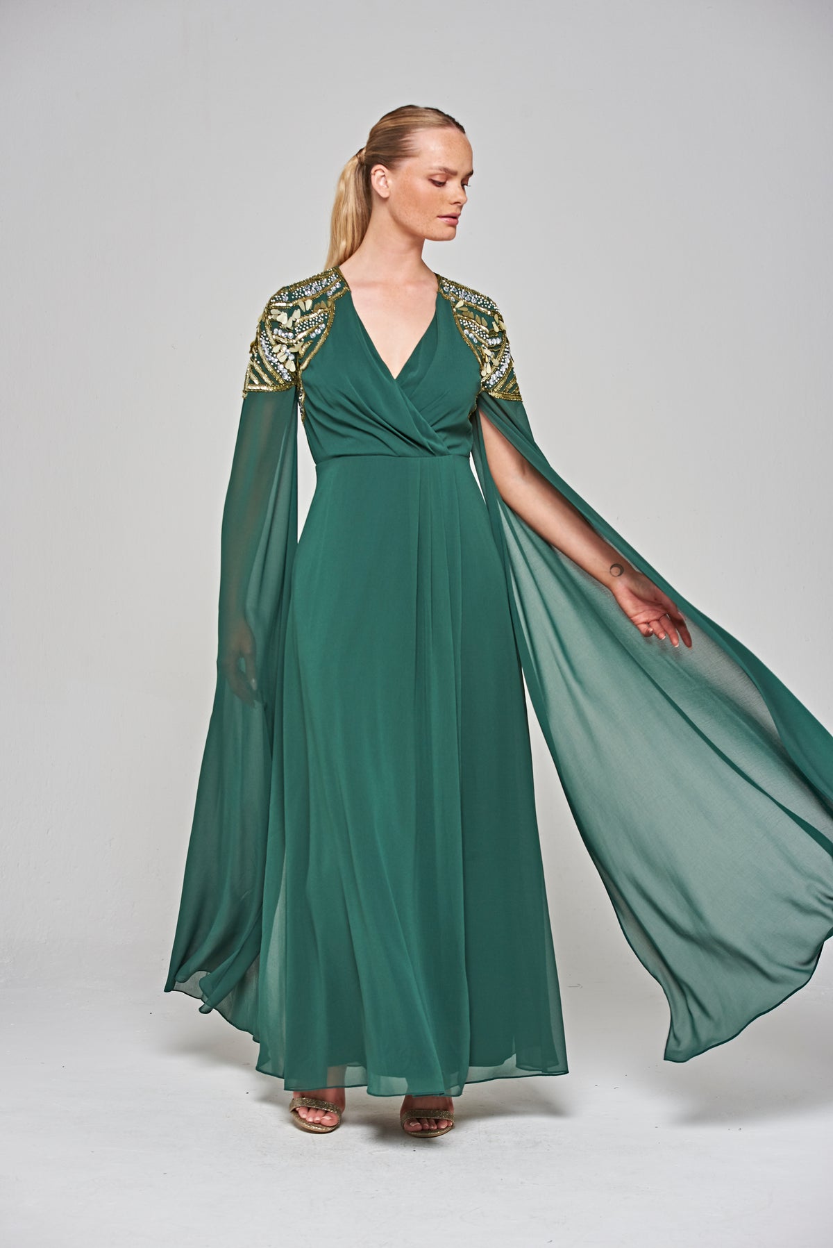 Renee Embellished Cape Sleeve Maxi Dress - Alpine Green