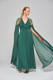 Renee Alpine Green Embellished Cape Sleeve Maxi Dress