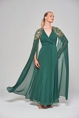 Renee Embellished Cape Sleeve Maxi Dress - Alpine Green