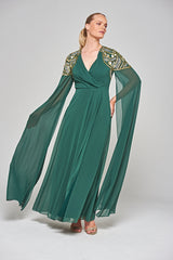 Renee Embellished Cape Sleeve Maxi Dress - Alpine Green