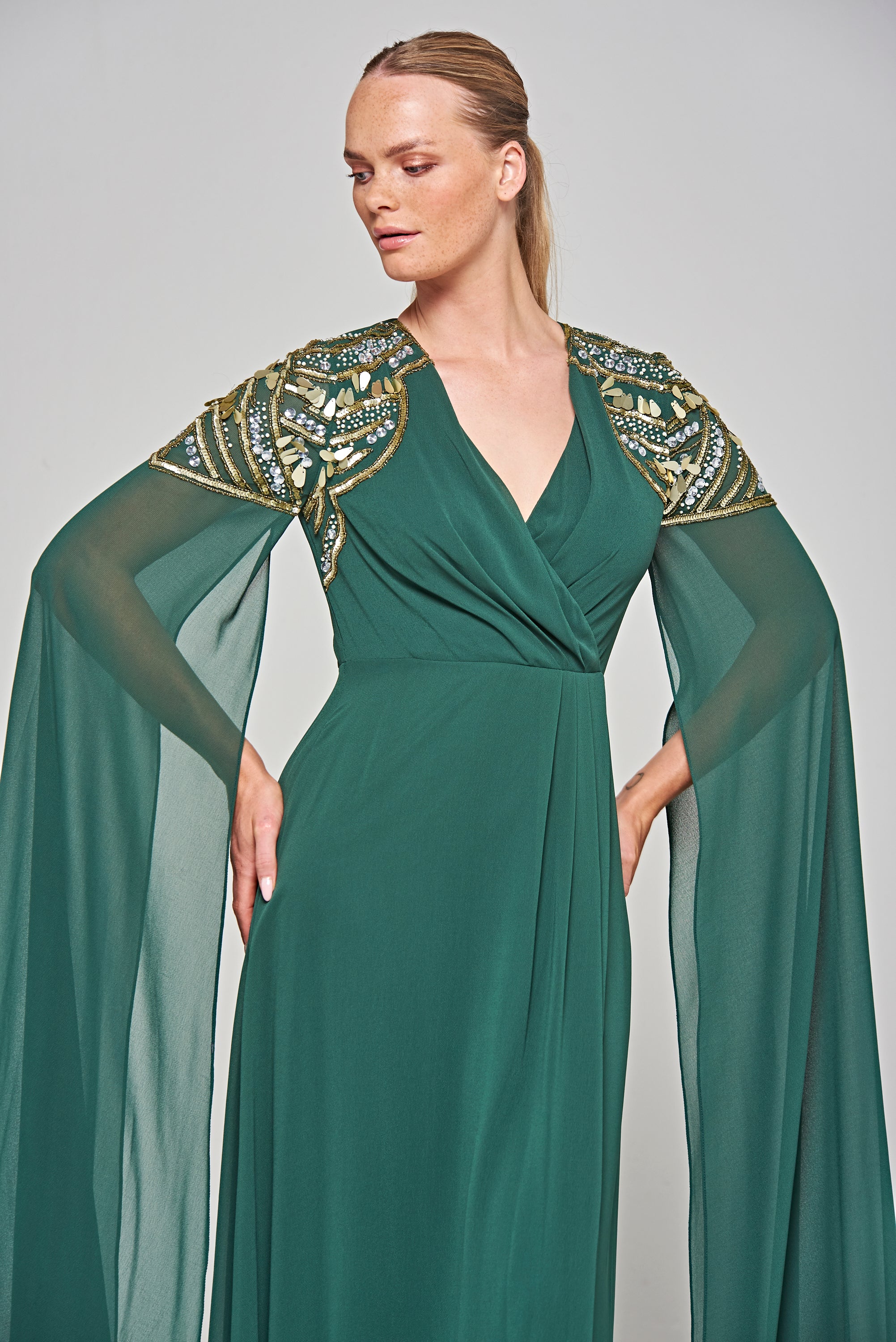 Renee Embellished Cape Sleeve Maxi Dress - Alpine Green