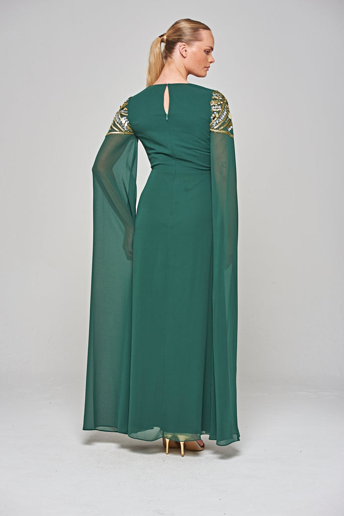 Renee Embellished Cape Sleeve Maxi Dress - Alpine Green