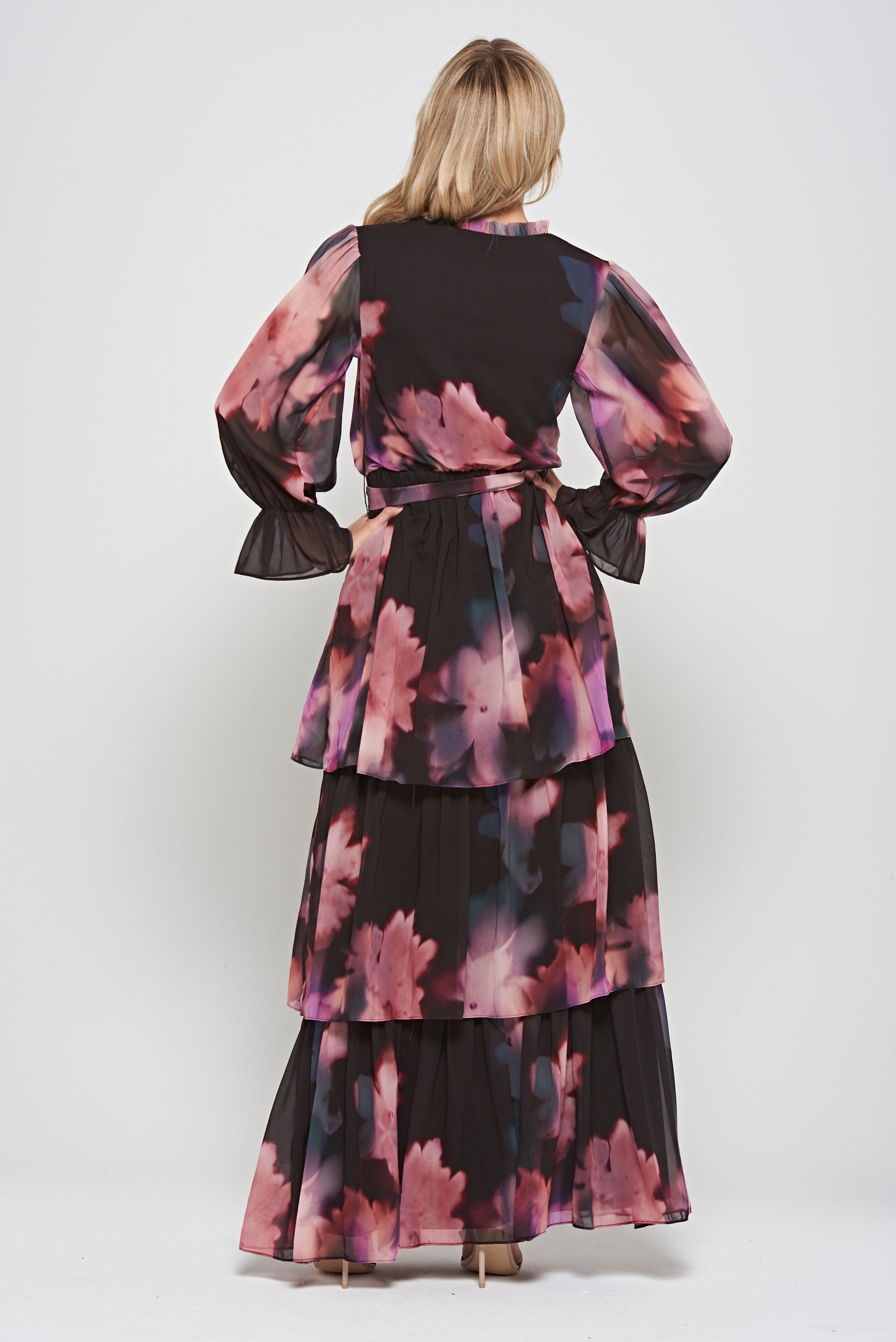 Reya Black Floral Print Tiered Maxi Dress