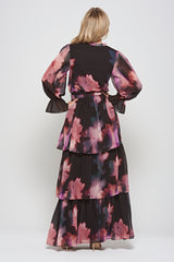 Reya Black Floral Print Tiered Maxi Dress