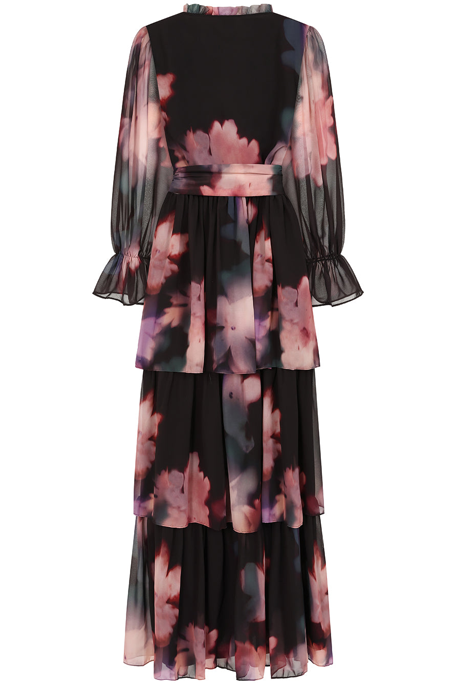 Reya Black Floral Print Tiered Maxi Dress