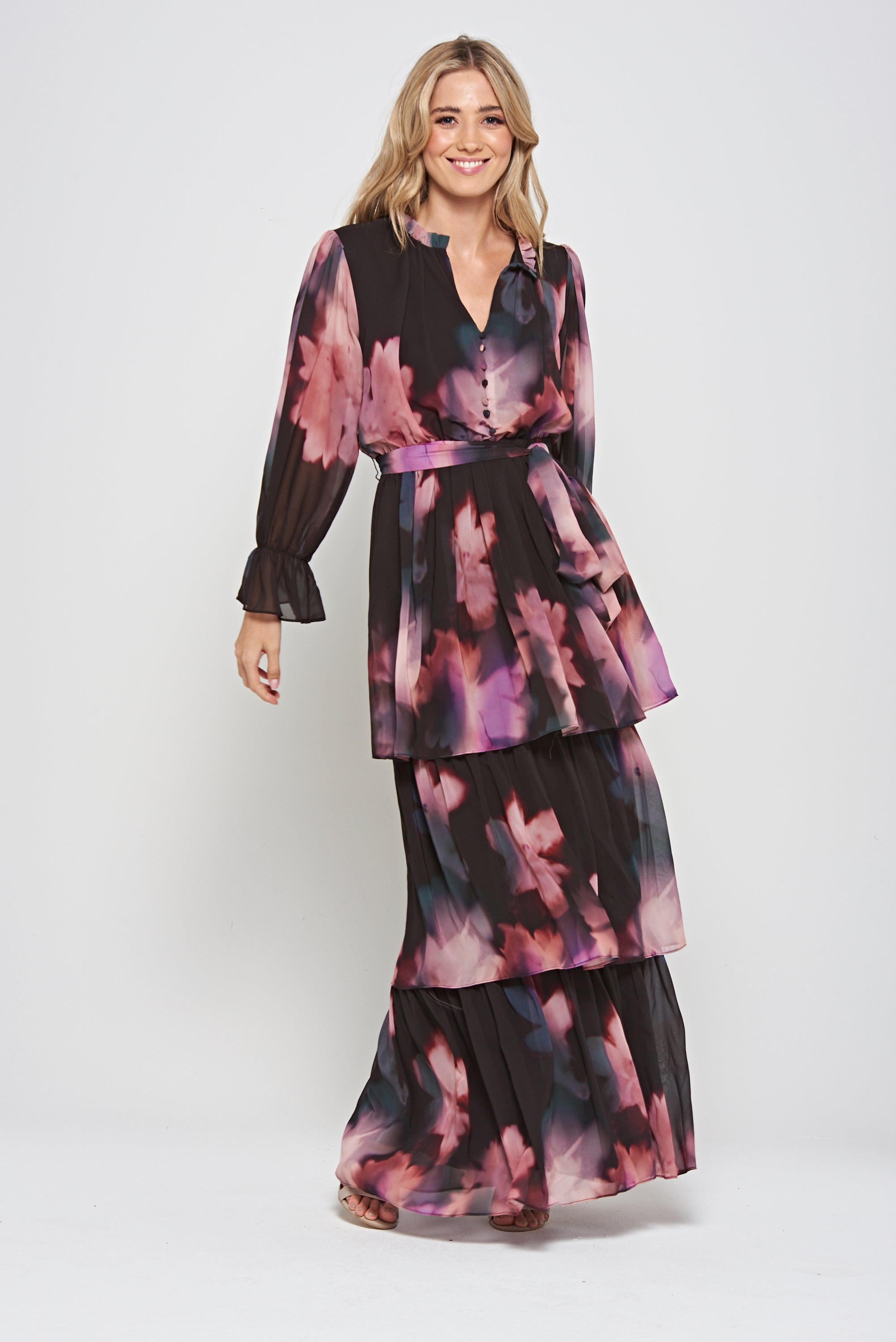 Reya Black Floral Print Tiered Maxi Dress