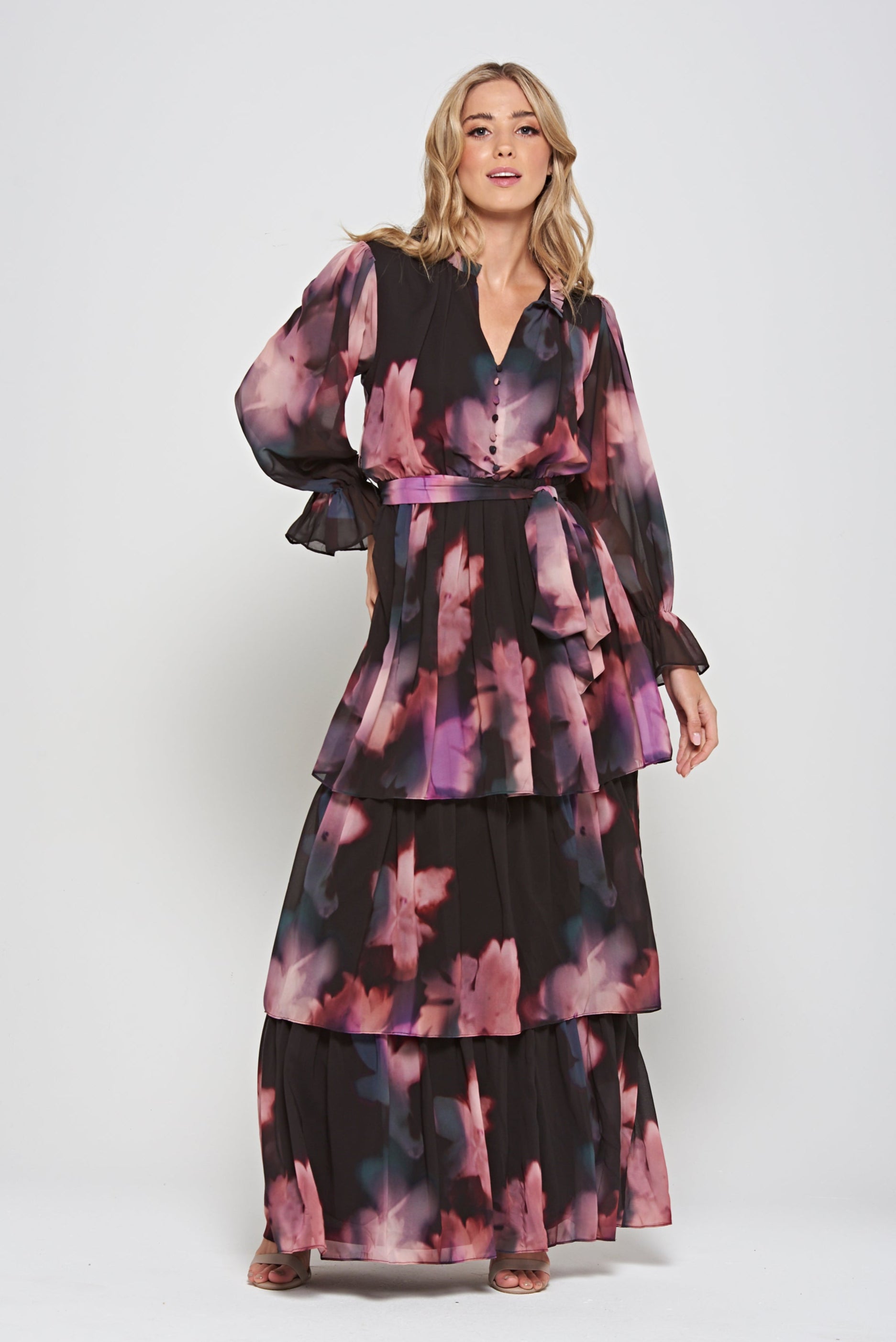 Reya Black Floral Print Tiered Maxi Dress