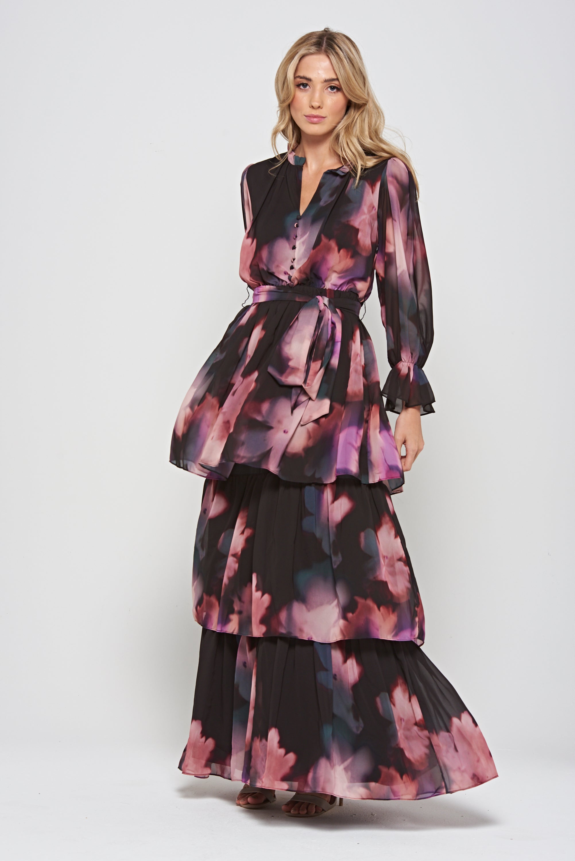 Reya Black Floral Print Tiered Maxi Dress