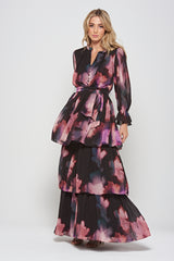 Reya Black Floral Print Tiered Maxi Dress