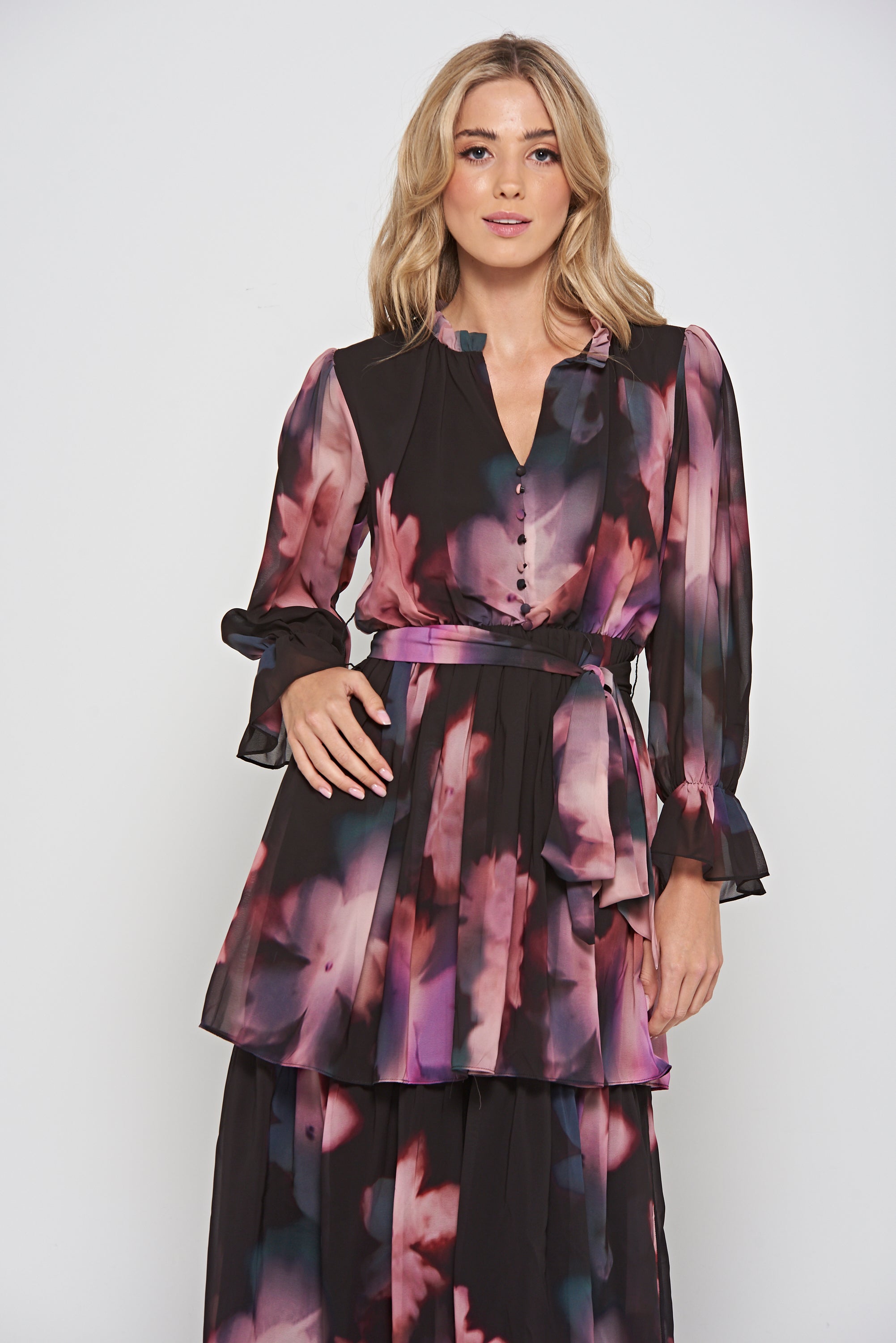 Reya Black Floral Print Tiered Maxi Dress