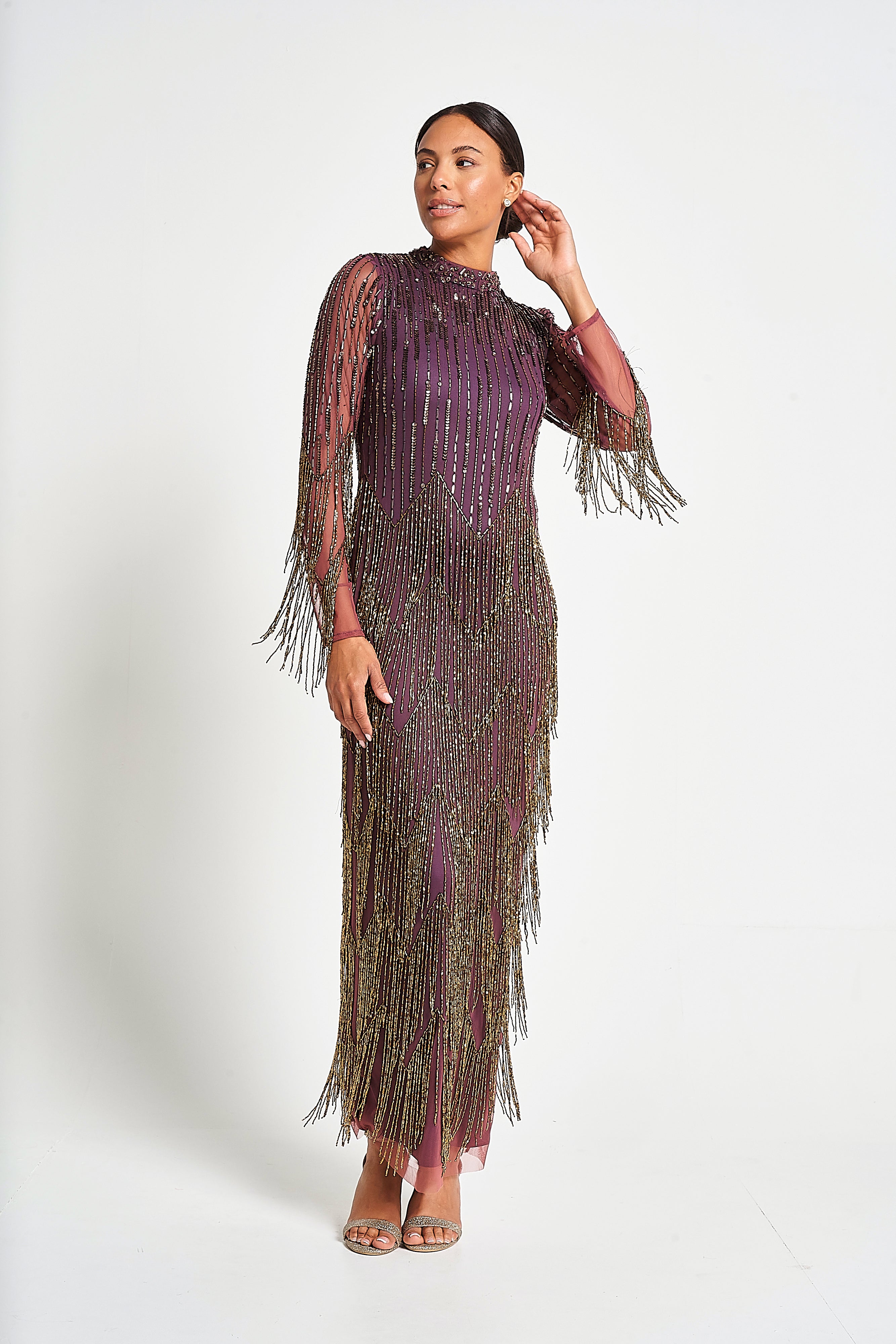 Rhoda Purple Maxi Dress With Beaded Fringing Frock and Frill Rhoda Purple Maxi Dress With Beaded Fringing Frock and Frill