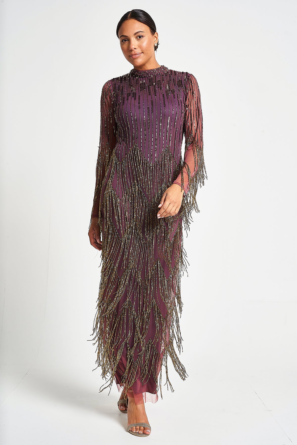Rhoda Purple Maxi Dress With Beaded Fringing Frock and Frill Rhoda Purple Maxi Dress With Beaded Fringing Frock and Frill
